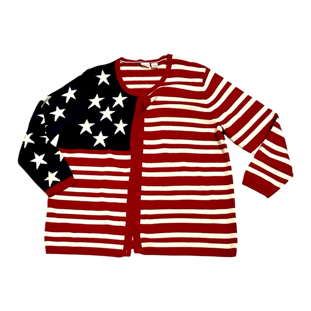 Cherokee American Flag pattern cable knit cardigan sweater size 0x 14/16 EUC